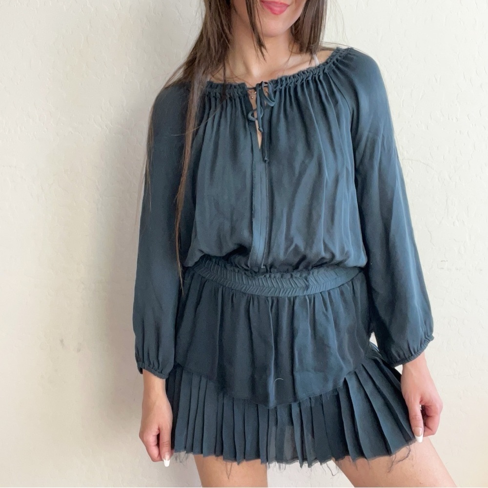 LOVESHACKFANCY navy blue mini silk dress raw hem